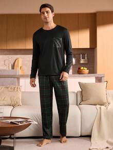 Manfinity Underwear&Sleepwear Basics Plus Size Men's Plaid Pocket Long Sleeve Pajama Set