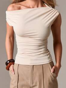 AiiRZ Off Shoulder Ruched Asymmetric Top With Short Sleeves For Casual Everyday Wear