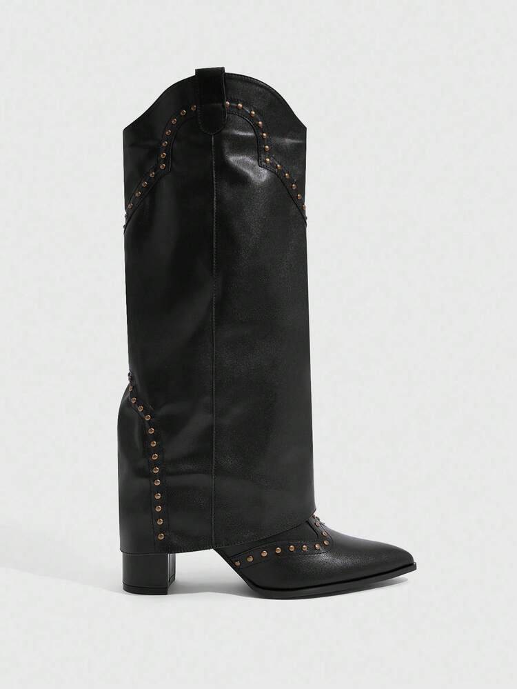 CUCCOO SZL Cuccoo Pointed Toe Thigh High Chunky Heel Tall Boots, Sexy Riding Boots For Women