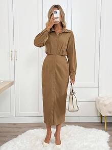 SHEIN LUNE Váy sơ mi dài tay cài nút thường ngày cho nữ Váy cài nút Váy nâu Váy có cổ cho nữ Váy màu rám nắng Váy dài tay cho nữ Váy màu be Váy cài nút cho nữ Trang phục màu rám nắng cho nữ Quần áo mùa thu cho nữ Váy cho nữ Quần áo mùa đông cho nữ Váy mùa thu cho nữ Váy cho nữ Trang phục công sở thanh lịch thường ngày cho phụ nữ Váy mùa đông cho nữ - Màu Khaki - Xem 4