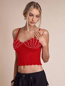 SHEIN BAE Canotta corta aderente in maglia con perle finte, adatta per l'autunno/inverno - Rosso - Visualizzare 8