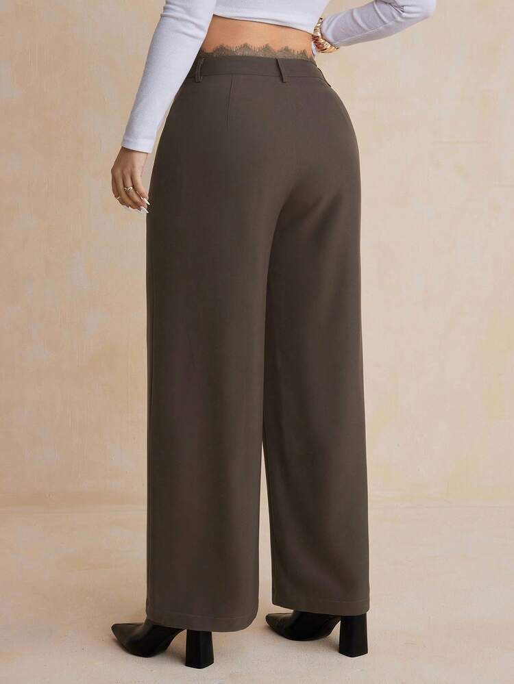 Dazy Plus Plus Size Women's Casual Loose Straight Leg Pants With Lace Waistband, All Season Women Dress Pants Fall
