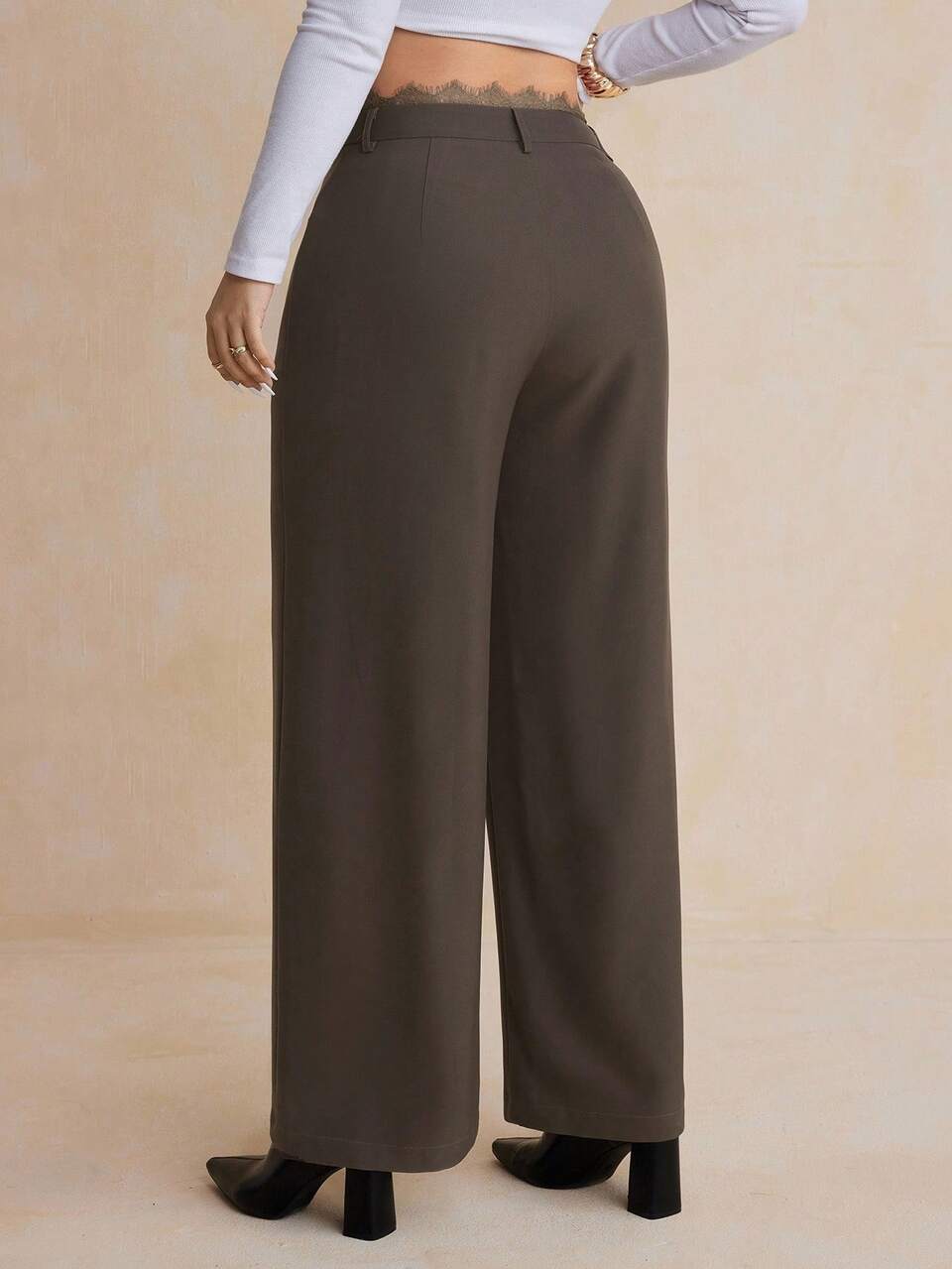 Dazy Plus Plus Size Women's Casual Loose Straight Leg Pants With Lace Waistband, All Season Women Dress Pants Fall