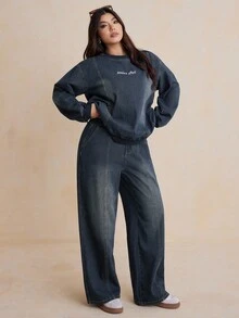 Dazy Plus 2pcs Plus Size Women Embroidered Letter Washed Dark Blue Denim Loose Long Sleeve Top And Pants Set, Spring/Autumn - Dark Wash - View 6