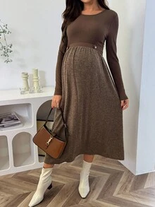 SHEIN 孕妇圆领长袖休闲连衣裙，腰部纽扣设计，秋季 - 棕色 - 查看 5