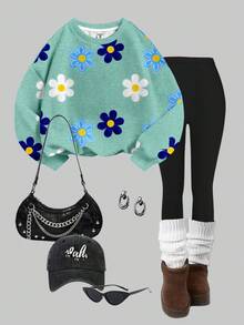 SHEIN Set 2 buc. pentru fete preadolescente, casual, clasic, cu imprimeu floral, guler rotund, confortabil, cu mânecă lungă, hanorac și colanți, potrivit pentru toamnă/iarnă