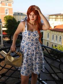 Gretanique New Ditsy Floral Shoulder Tie Cinched Waist Fit & Flare Casual Elegant Summer Holiday Dress, Slim & Flattering