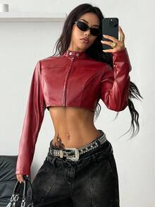 Coolane 女士秋冬街头风嬉皮运动休闲 Y2K 基本款皮革舒适拉链酒红色修身短款长袖夹克，