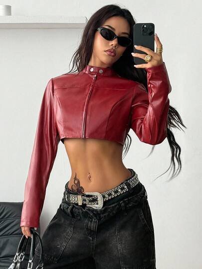 Coolane 女士秋冬街头风嬉皮运动休闲 Y2K 基本款皮革舒适拉链酒红色修身短款长袖夹克，