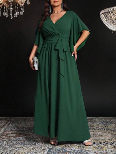 SHEIN CURVE+ 大码女式纯色修身V领喇叭袖系带腰部褶饰开衩优雅派对长裙
