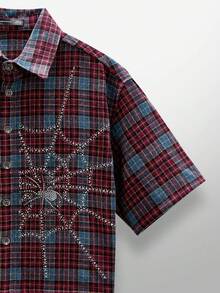 NEON BLANC Men's Street Fashion Woven Rhinestone Spider Web Plaid Short Sleeve Shirt, Halloween - Red - View 7
