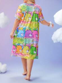 SweetSlumber X Carebears 大码女式可爱卡通熊和渐变彩虹印花短袖宽松睡袍，夏季 - 彩色 - 查看 2