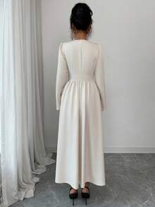 Elenzga 秋冬时尚新款纯色 V 领腰部褶饰 A 字长款风衣，适合派对、节日活动、圣诞节、万圣节、度假、约会、通勤 - 杏色 - 查看 2