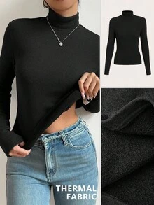 SHEIN Teen Girl Black Turtleneck Snug Fit Casual Long Sleeve T-Shirt Black Turtleneck Top Black Top Black Long Sleeve Top Black Fitted Top Fall Winter - Black - View 6