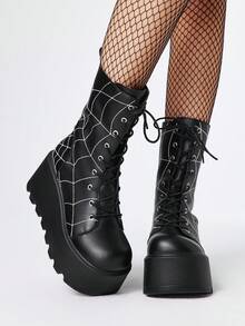 ROMWE Grunge Punk 2025 Automne/Hiver Nouveau Bottes courtes à bout rond style punk avec laçage, broderie toile d'araignée, semelle épaisse. Tige , bottes mi-mollet mode extérieur à enfiler