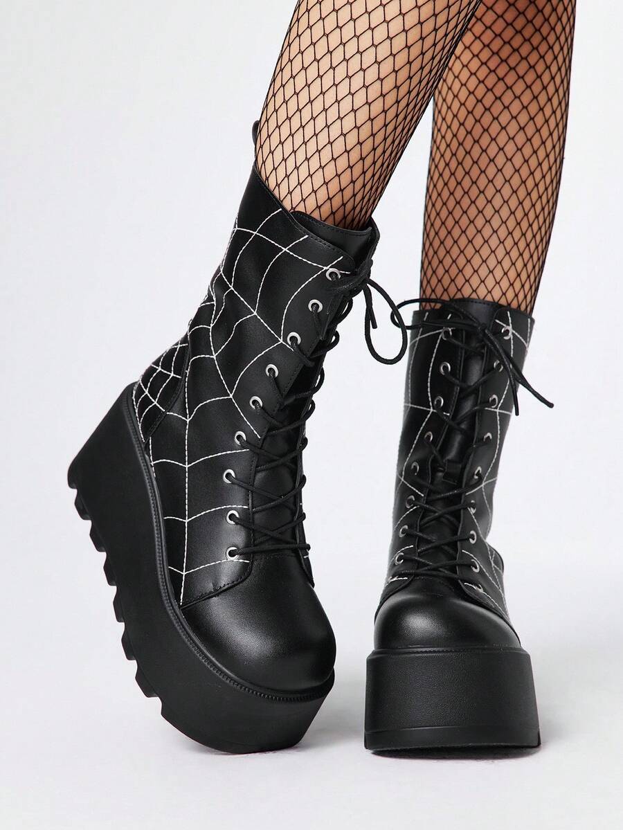 ROMWE Grunge Punk 2025 Automne/Hiver Nouveau Bottes courtes à bout rond style punk avec laçage, broderie toile d'araignée, semelle épaisse. Tige , bottes mi-mollet mode extérieur à enfiler