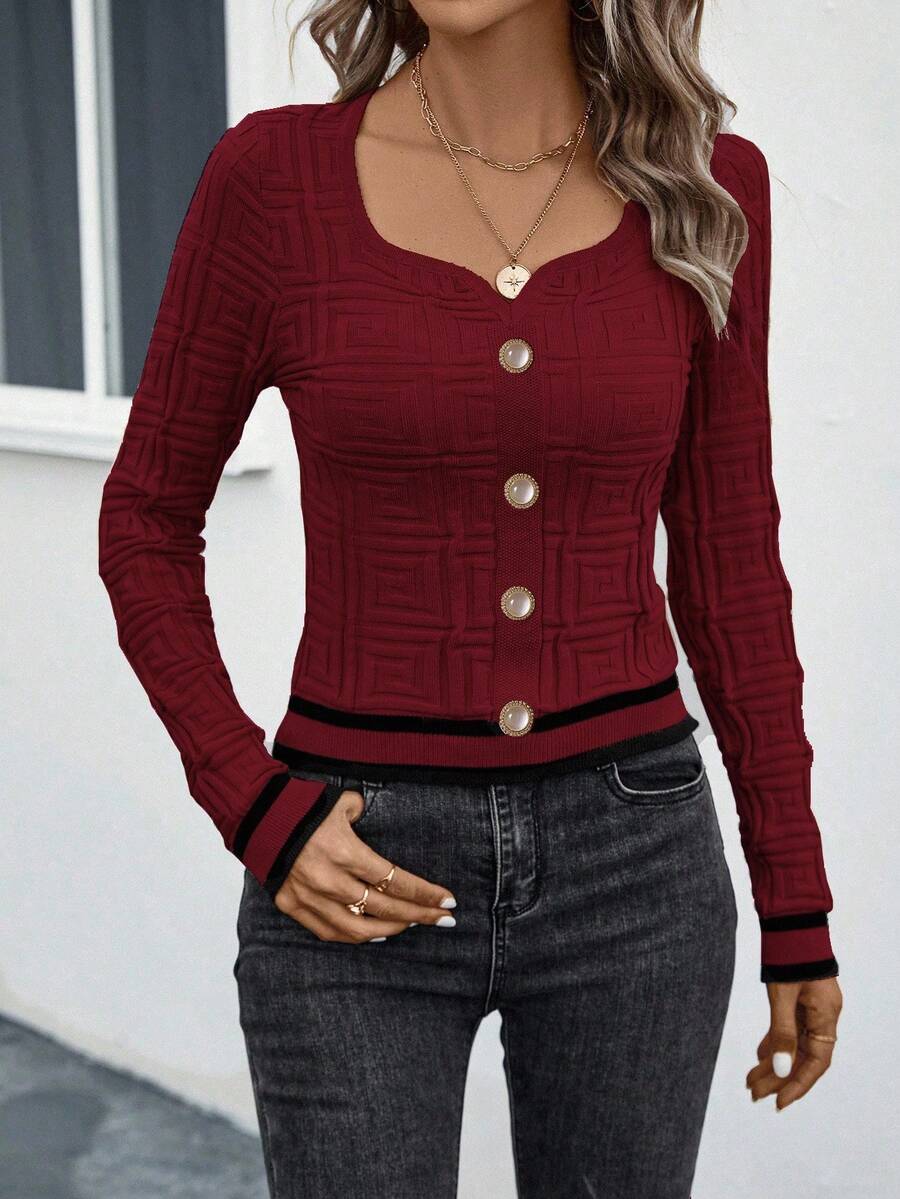 EMERY ROSE Suéter ajustado con ribete de contraste, casual y apropiado para el transporte, otoño - Burdeos - Ver 1