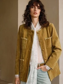 Arave 梭织纯色亮片蕾丝拼布金属纽扣装饰口袋圆领长袖插肩袖户外休闲通勤女春秋外套 - 卡其色 - 查看 1