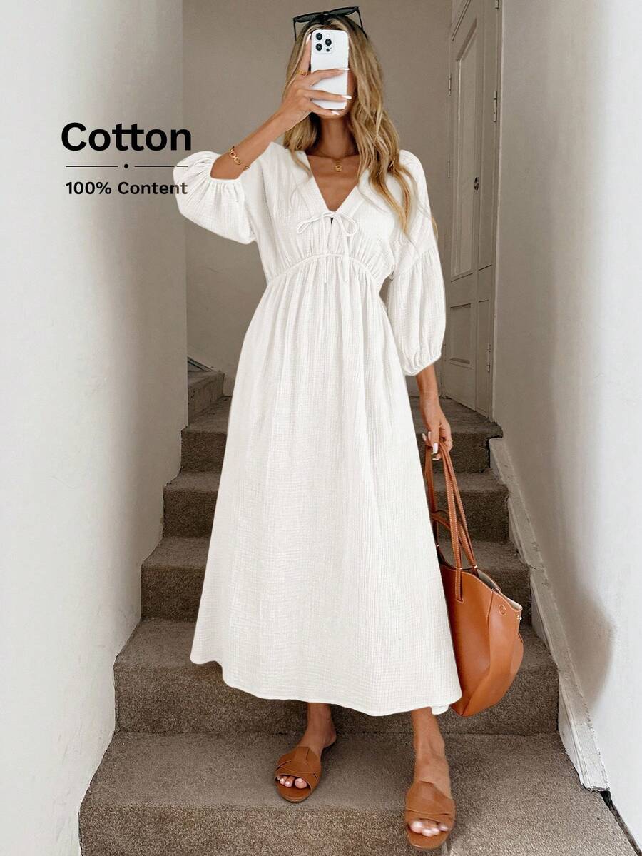 Easowa Đầm suông cổ chữ V, thắt nơ, tay áo đèn lồng, eo nhún, dáng chữ A, viền xòe, hai lớp, chất liệu vải crepe 100% cotton, dáng rộng, phong cách cổ điển, thường ngày dành cho nữ - trắng - Xem 1
