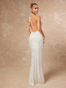 Lumalex 秋季新款女装冬季聚会派对魅力优雅宴会低调奢华闪耀假日派对魅力优雅锐舞节郊游度假热门户外丰富层次婚礼季宴会成人礼波点V领无袖金属色拼接褶皱优雅连衣裙女装奢华舞会证件照宰牲节派对新年 - 白色 - 查看 3