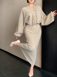 DAZY Bộ đồ 2 món thanh lịch, áo len tay cánh dơi cài nút cho nữ, màu trơn, mùa thu - Màu be - Xem 1