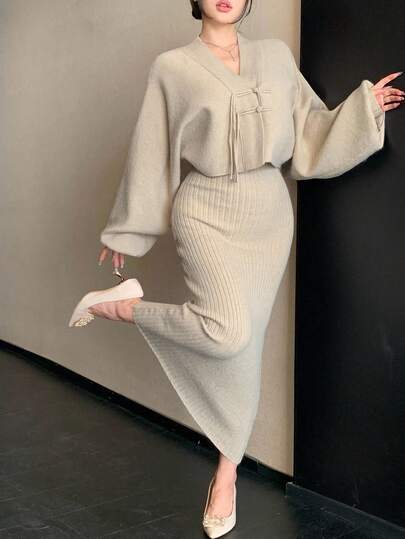 DAZY Women's Solid Color Batwing Sleeve Button Design Sweater And Knitted Slip Dress Elegant 2-Piece Set, Autumn