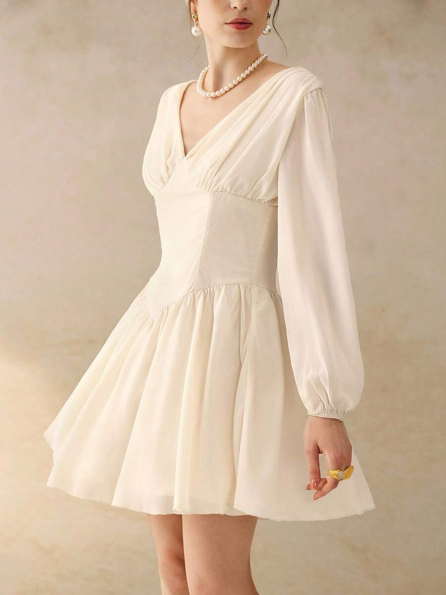 Cévolie 休闲优雅荷叶边V领泡泡袖连衣裙