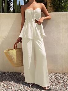 DAZY Women's Solid Color Knotted Ruched Babydoll Tube Top & Wide Leg Pants 2 Pieces Set, Spring/Summer - Beige - View 4