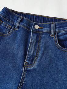 Girlism 少女时尚休闲 Y2K 复古酷炫街头风，重返校园学院风，闪耀立体钻石镶嵌翅膀刺绣图案，深蓝色牛仔弹力修身喇叭裤，柔软日常穿着，秋冬锐舞节和街头风，镶钻喇叭裤，靴型裤，镶钻翅膀 - 藍色 - 查看 4