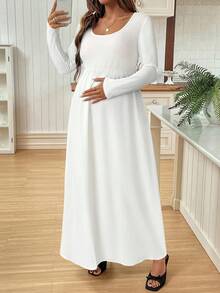 SHEIN Solid Color Draping Autumn Maternity Dress - White - View 5