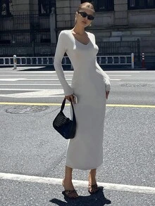 DAZY Vestido de mujer de unicolor con cuello en V y pliegues, de longitud media, para otoño - Gris - Ver 5