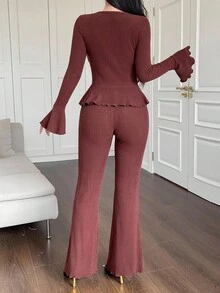 DAZY Damen eleganter einfarbiger Rüschen-Saum Cardigan und Hose 2 Stücke Set, Herbst Loungewear für Frauen - Braun - Übersicht 2