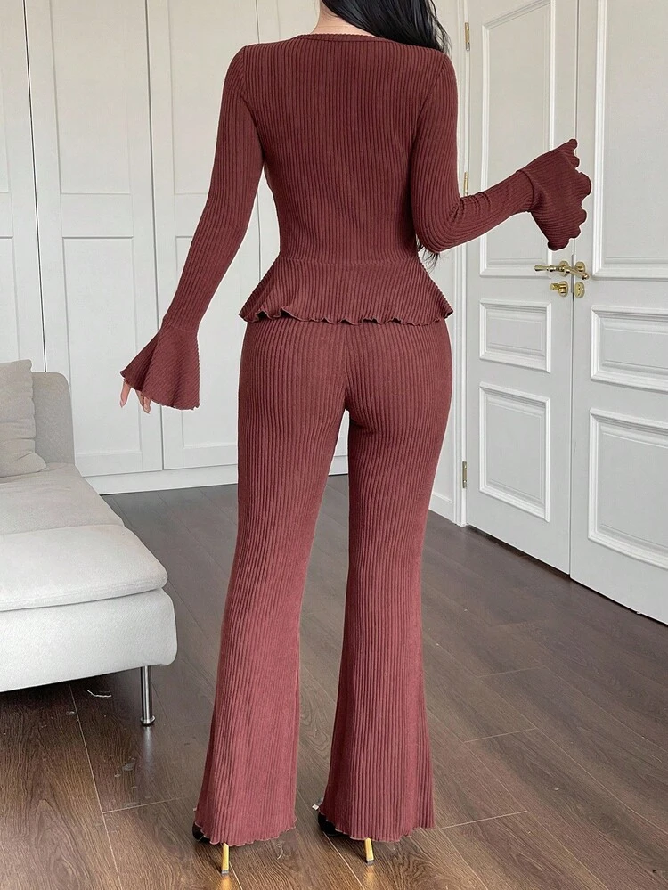 Women's Elegant Solid Color Ruffle Trim Cardigan And Pants 2 Pieces Set, Autumn Lounge Sets For Women