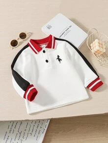SHEIN Toddler Boys' Colorblock Patchwork Casual Collegiate Unicorn & Horse Print Long Sleeve Polo Shirt, Autumn/Winter Fall - Multicolor - View 3