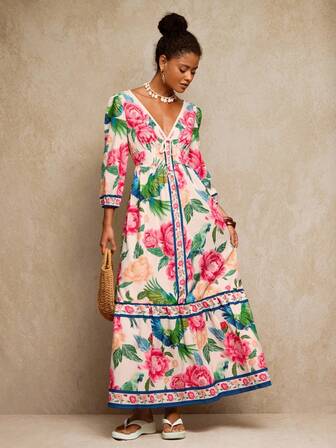 Travachic 女士 V 领系带后背镂空热带植物印花长袖连衣裙，适合外出度假