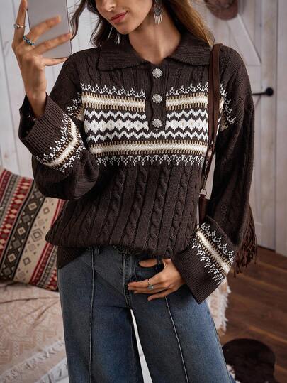  Women's Retro Fair Isle Cable Collar Twist Cable Western Style Rhinestone Button Knit Polo Sweater, LanaWest
