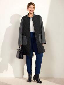 Momelise Plus Size Women Casual Contrast Color Stand Collar Long Sleeve Pocket Patchwork Quilted Metal Button Front Long Cardigan Coat, Winter - Multicolor - View 4