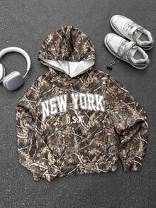 SHEIN Áo nỉ dệt kim in họa tiết đường phố và chữ "NEW YORK" dành cho bé gái tuổi teen, thích hợp cho mùa Thu Đông. - Nhiều màu - Xem 4