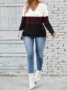 EMERY ROSE Áo thun dệt kim cổ chữ V tay dài ba màu thiết kế thường ngày cho nữ, áo thun họa tiết mùa thu/đông dành cho nữ mùa xuân - Nhiều màu - Xem 5