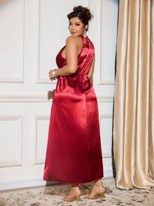 Cravure Rochie maxi din satin solid, fără mâneci, cu decolteu în V, pentru femei, mărime mare, potrivită pentru festivaluri, gale, întâlniri, ocazii formale - Burgundia - Vizualizare 2