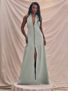 MUSERA 露背吊带深V细节超大露背长裙 春夏吊带裙 度假沙滩装 优雅罩衫 可爱性感度假 伊比沙岛 波西米亚风 婚礼宾客之夜 优雅约会之夜 秋冬夏装 - 綠色 - 查看 4