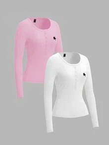SHEIN EZwear 2件裝女款小馬印花針織長袖T恤，適合秋冬季 - 彩色 - 查看 9