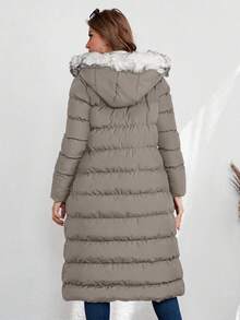 RueChic 女士冬季保暖休闲拉链撞色羊毛饰边连帽加厚外套 - 米色 - 查看 2