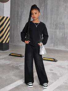 Tween GirlsLoose Denim Sweatshirt And Elastic Waist Straight Leg Jeans 2 Pieces Set, Casual And Fashionable For Spring/Autumn, Soft And Comfortable Material, Perfect For Holidays And Outings Fall Winter - Black - View 5