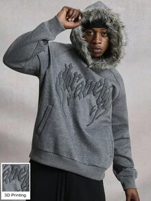 PAVTROS Áo nỉ có mũ trùm đầu thoải mái tay raglan họa tiết chữ cho nam, mùa thu/đông - Màu xám đen - Xem 2