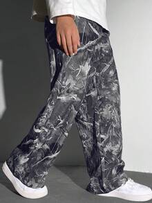 SHEIN 男童休闲宽松直筒裤，印花图案，适合春、夏、秋、冬四季穿着。 - 灰色 - 查看 4