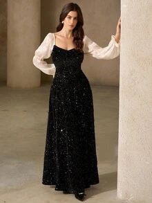 Aveloria Rosie Autumn/Winter New Black Velvet Sequin V-Neck Sexy Evening Dress, High-End Luxurious Long A-Line Flared Maxi Dress, Off-Shoulder Banquet Gown, Elegant Lady Birthday Party Dress, Suitable For Commute, Formal Occasions, Adult Ceremony