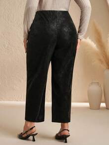Chikora Plus Size Women Elegant PU Leather Ankle Length Pants With Pockets, Black Skinny Trousers High Waist Pants Elegant Pants For Women Curve Petite Pants
