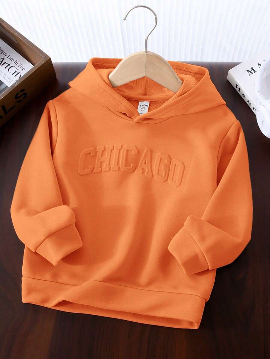 1pc Young Boys' Casual School Comfortable & Fashionable Simple Practical Soft Breathable Embossed Hoodie, Suitable For Daily Wear, School, Outdoor, Sports, Spring & Summer Orange Hoodiehoodie For Kids Boyhoodie For Kids Boys,In Fall/Winter