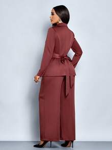 SOLERSUN Women's Elegant Single-Breasted Waist Cinched Tie Back Metal Decorated Notch Lapel Blazer Jacket And Pants Set Office Wear Women Suit Set Fall Cloth For Women - Coffee Brown - View 2